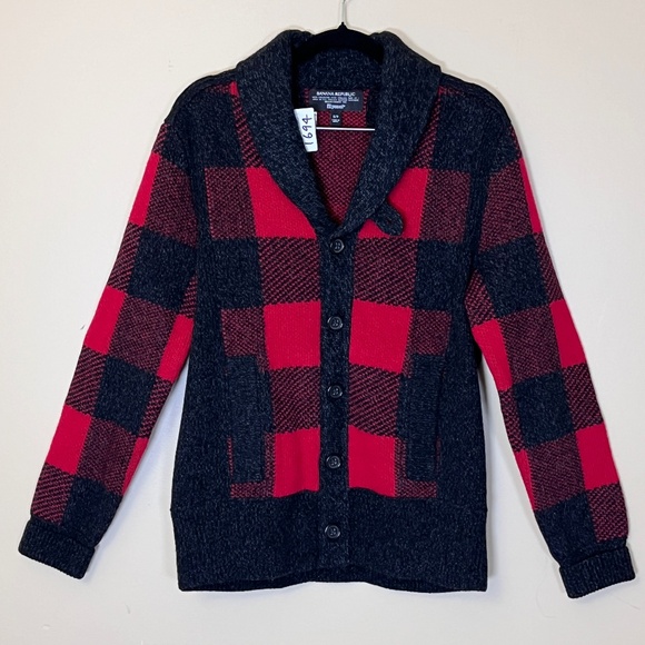 Banana Republic Filpucci Wool Plaid Cardigan Sweater - Men's Size S - Red Black